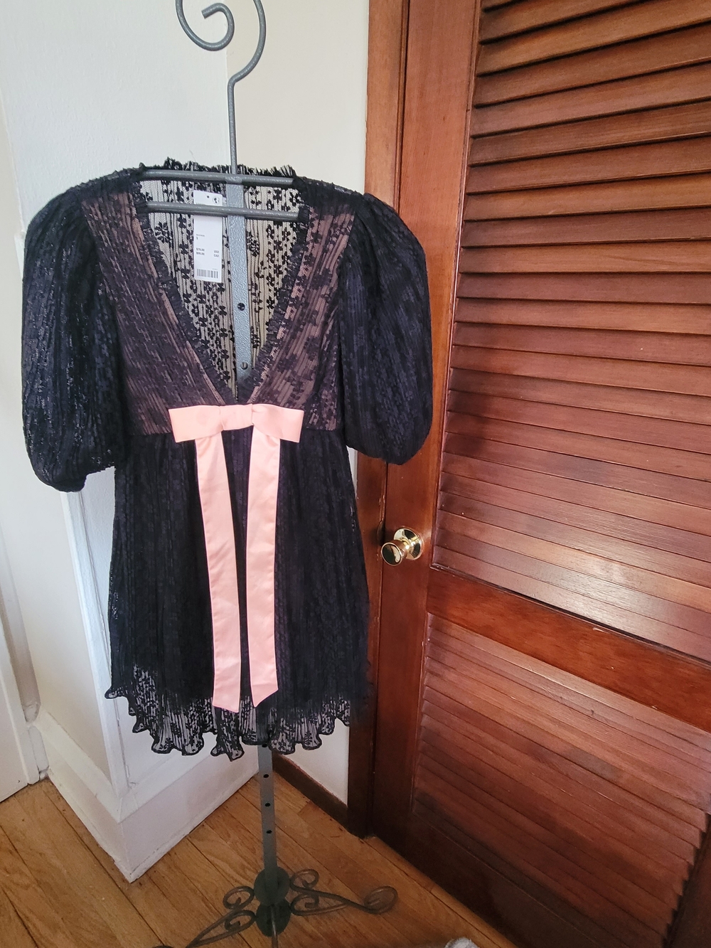 Urban Outfitters Black Lace Babydoll Dress with Pink Satin Bow